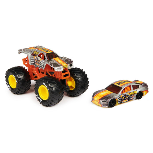 1:64 Max-D Monster Truck and car facing forward towards each other 