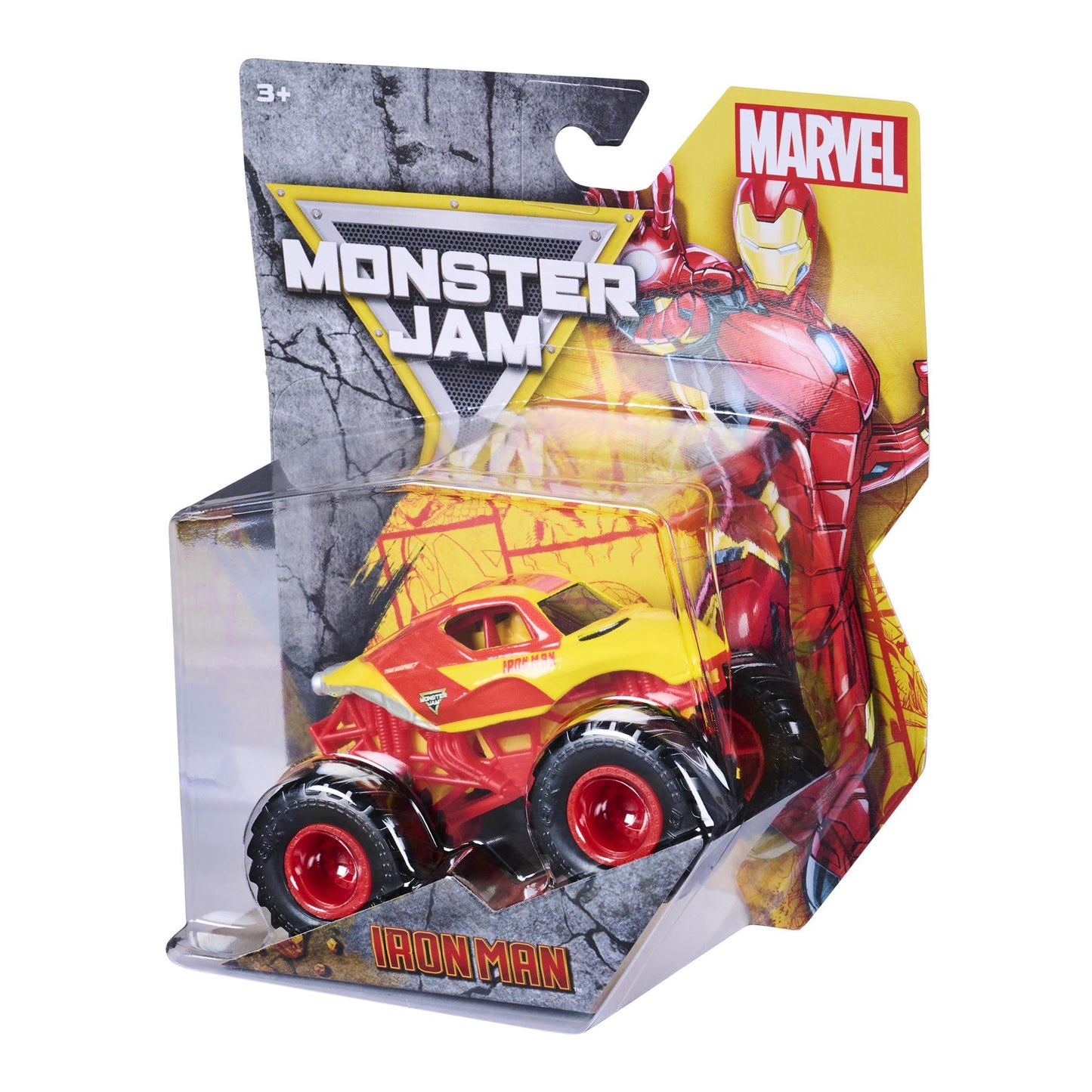 1:64 Iron Man Marvel Monster Jam Die-cast in the packaging facing slightly to the side